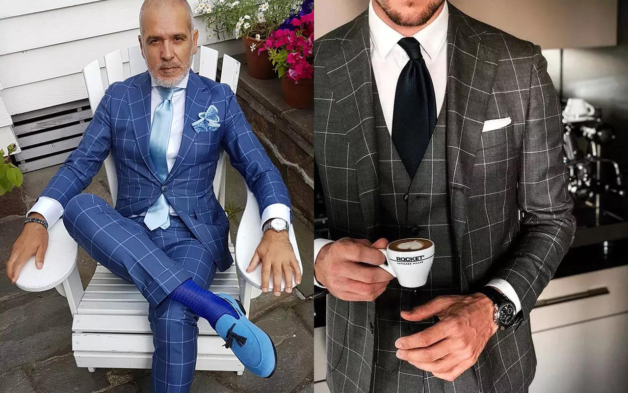 天藍色與深灰色窗式格紋西裝