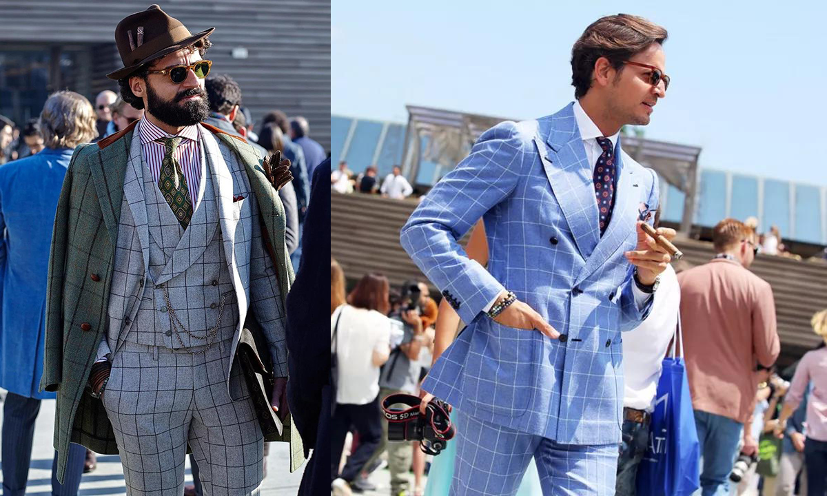 淺灰色與天藍色窗式格紋西裝