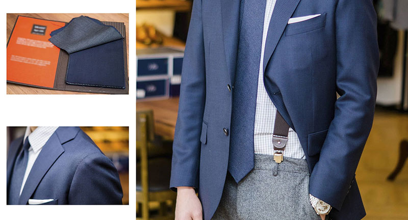 亞麻藍色西裝外套搭配灰色西裝褲