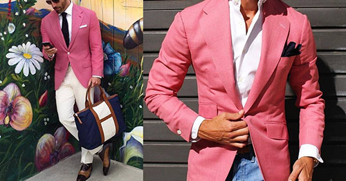 粉色涼感西裝搭配白色休閒褲