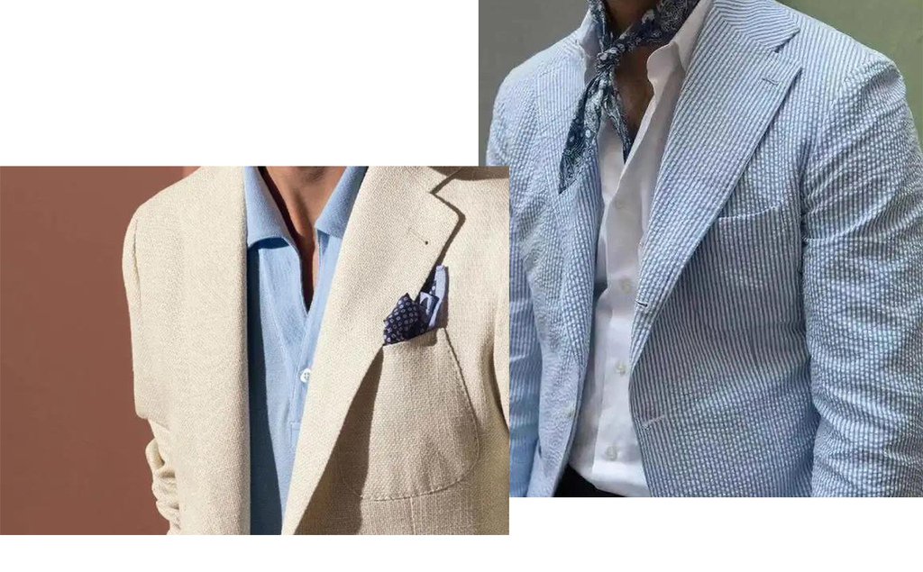 夏日米色及藍色條紋泡泡紗涼感西裝