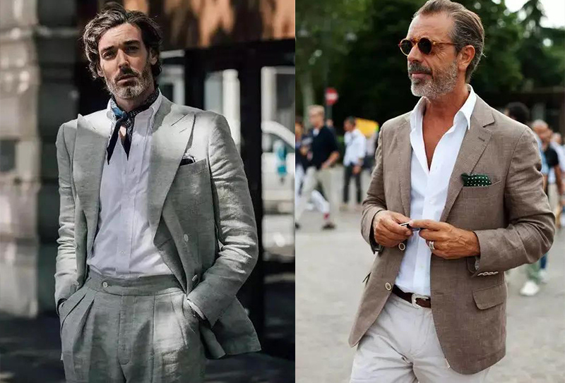 穿著灰色及卡其色毛麻混紡休閒西裝男士