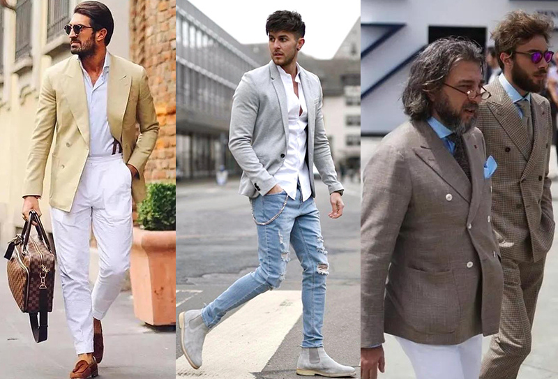 著淺黃色、白色、亞麻色西裝外套的男士們