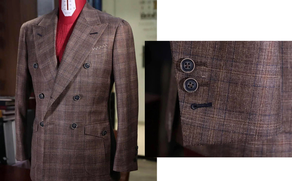 咖啡色格紋羊毛西裝及袖口細部