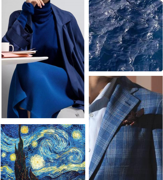 身著藍色套裝的女士、藍色格紋西裝的男士、藍色畫作