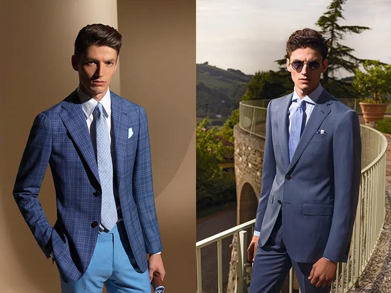 藍色格紋、灰藍色西裝外套