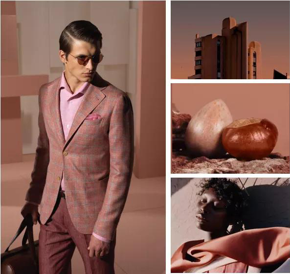 穿著丹紅色格紋西裝外套男士及丹紅色各種代表事物