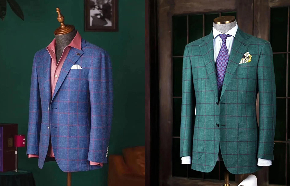 藍色與綠色格紋毛麻絲混紡西裝外套