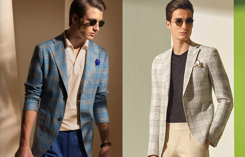 藍灰色與米色格紋毛麻絲混紡西裝外套