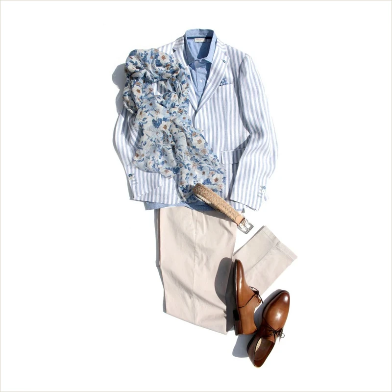 春夏藍白條紋西裝外套穿搭