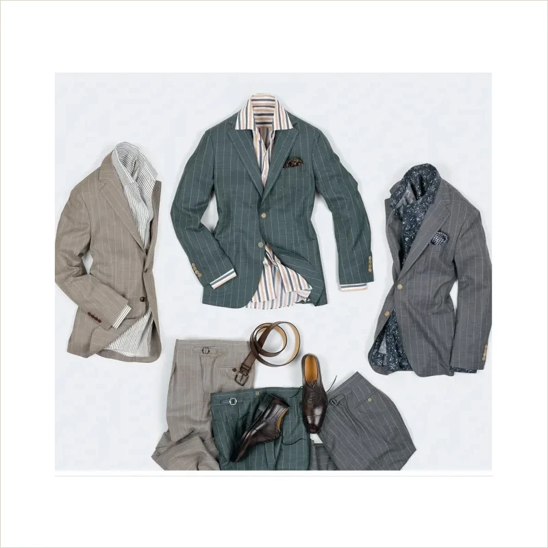 灰色、卡其色、綠色條紋西裝外套穿搭