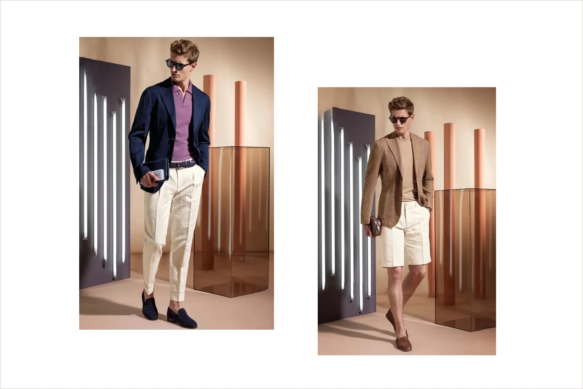 春夏西裝外套穿搭-深藍色與卡其外套+長褲與休閒短褲的穿搭