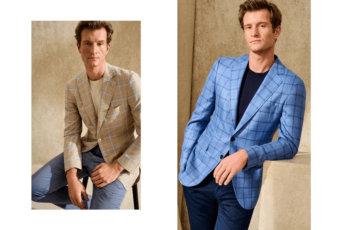 米色、天藍色格紋春夏西裝外套穿搭