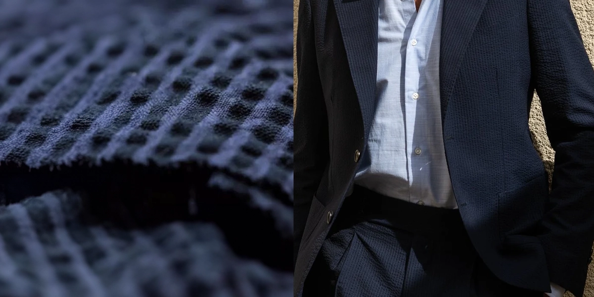 藏青色泡泡紗布料及藏青色泡泡紗西裝