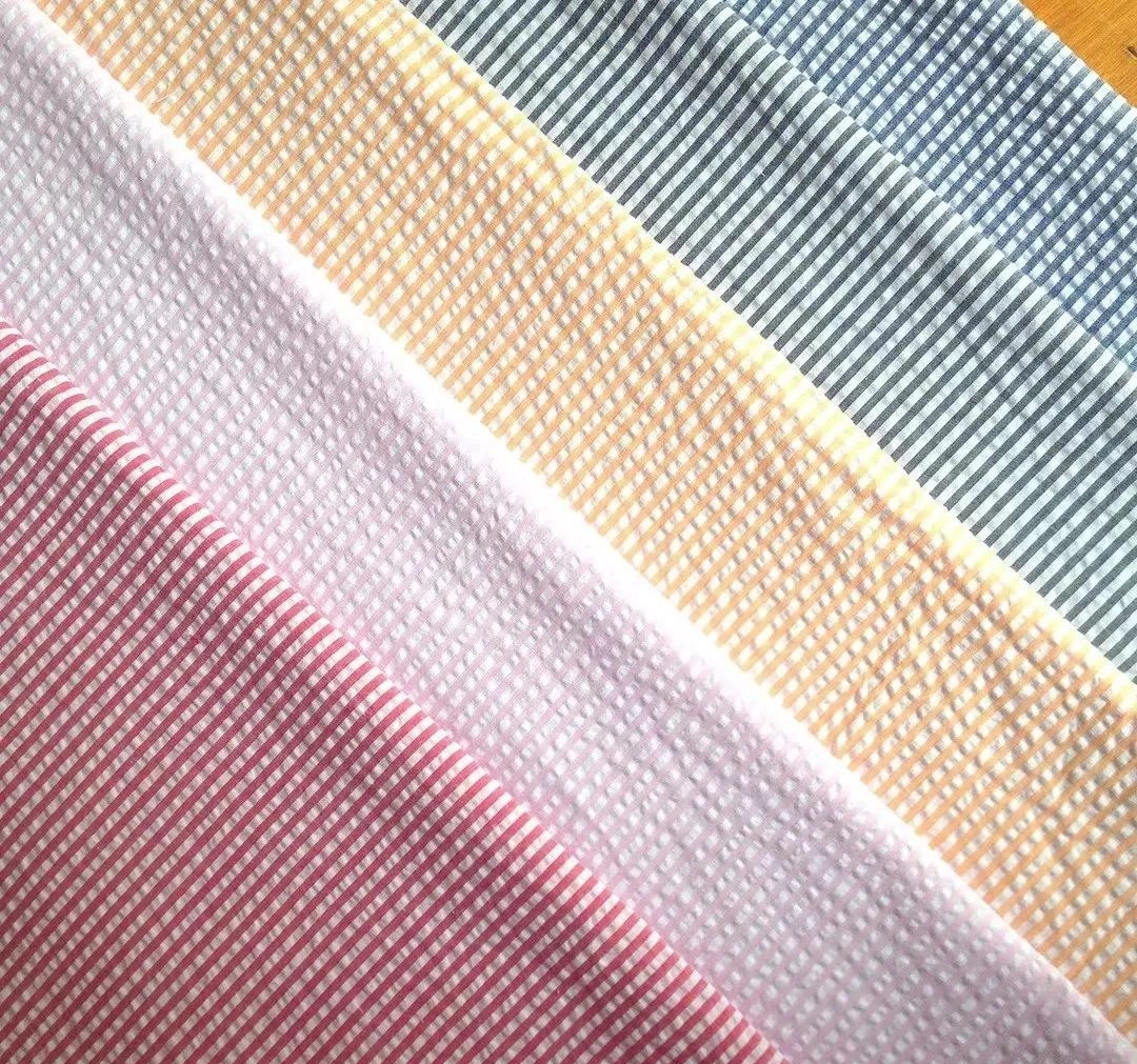 紅、黃、粉、綠、藍色條紋泡泡紗西裝面料