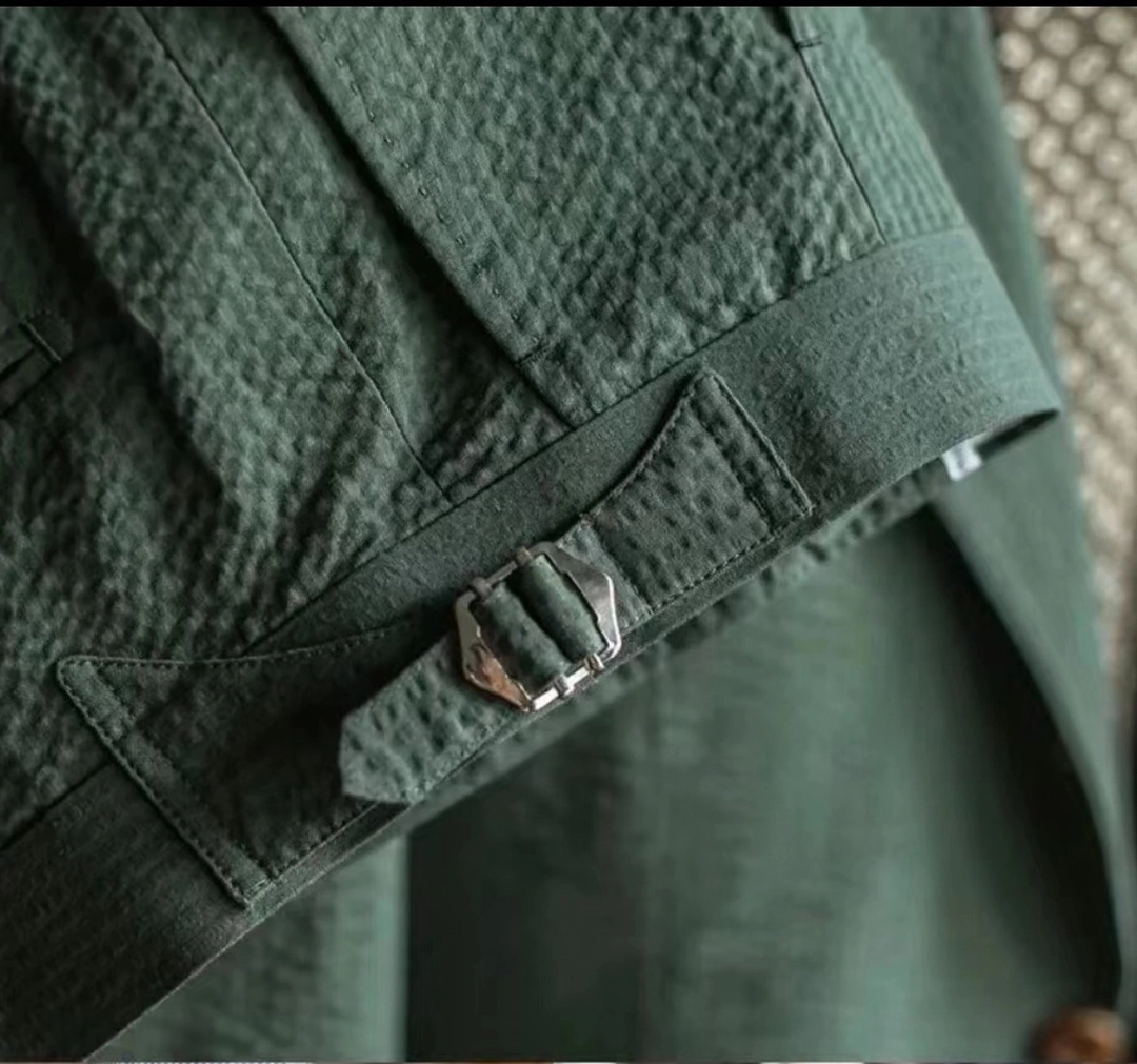 墨綠色素面泡泡紗西裝褲