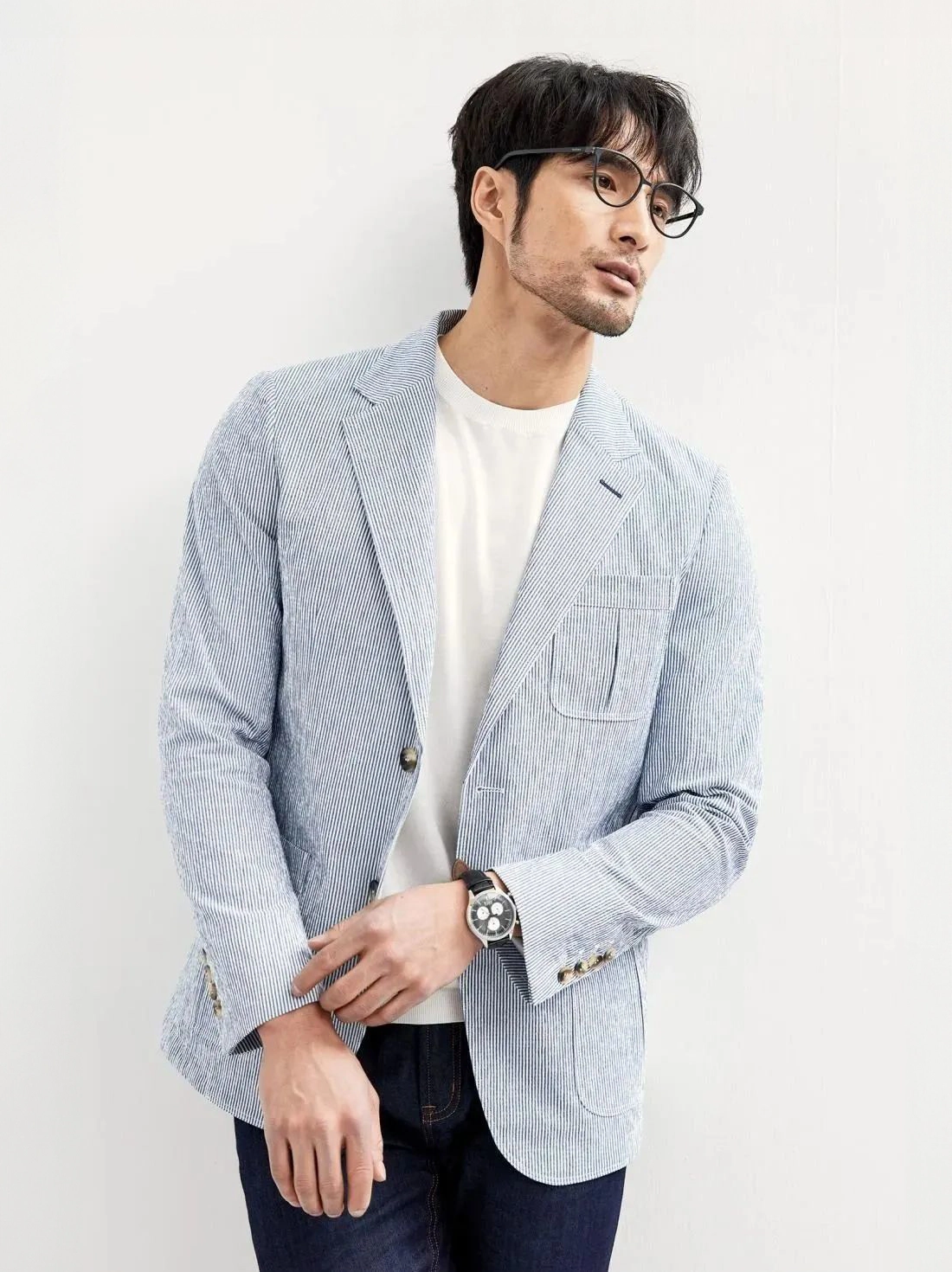 藍色泡泡紗西裝外套