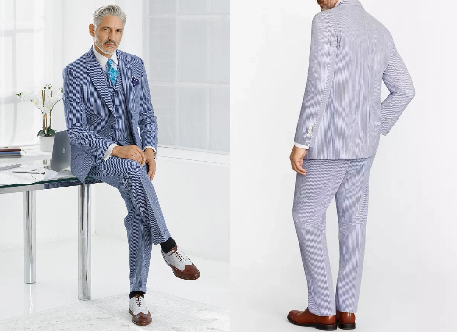 藍色系成套泡泡紗西裝搭配紳士鞋