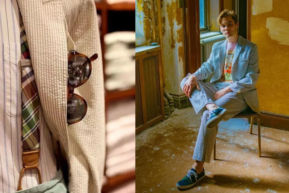 泡泡紗西裝搭配眼鏡、帆布鞋穿搭