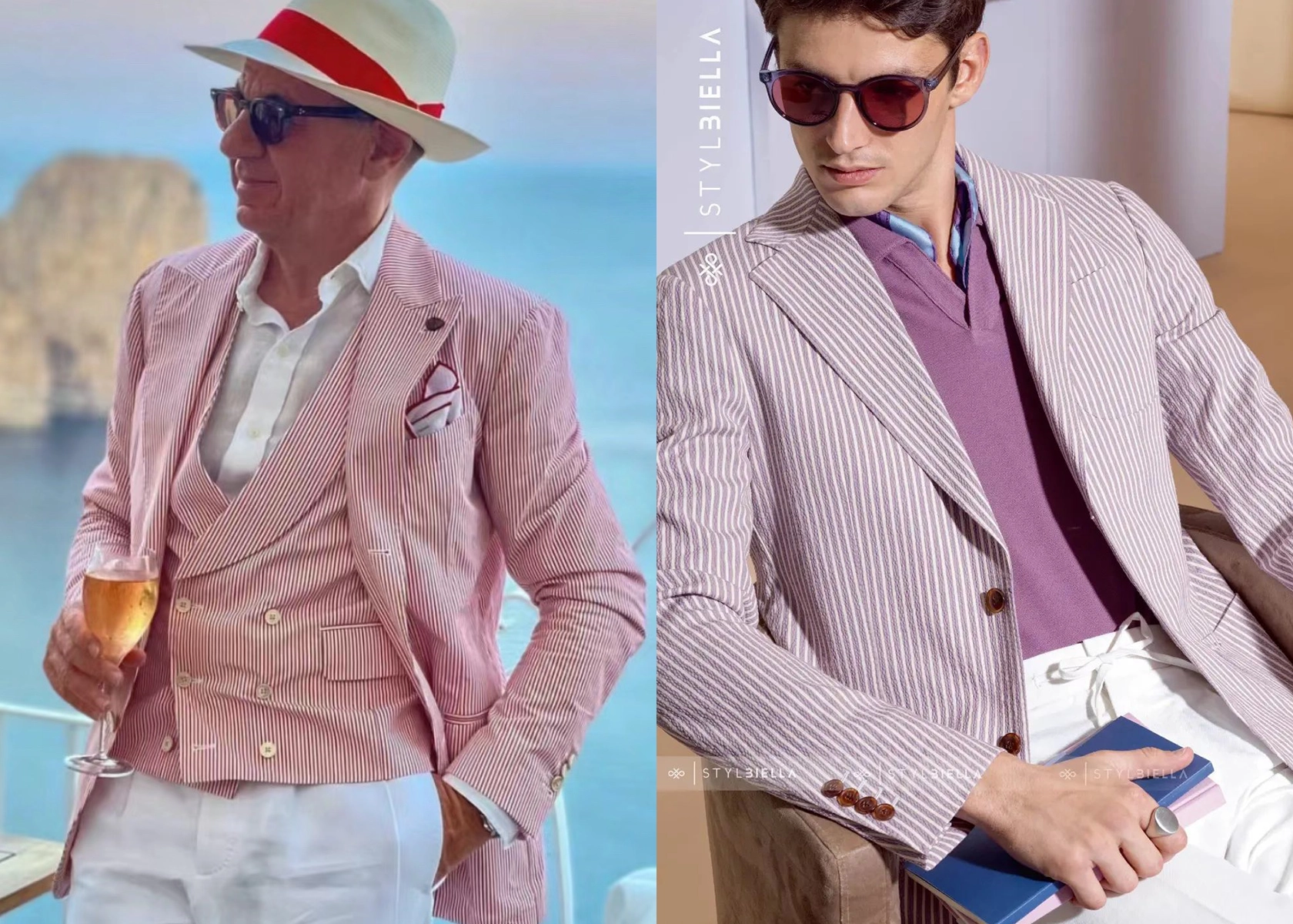 粉色系泡泡紗西裝外套搭配白色休閒褲