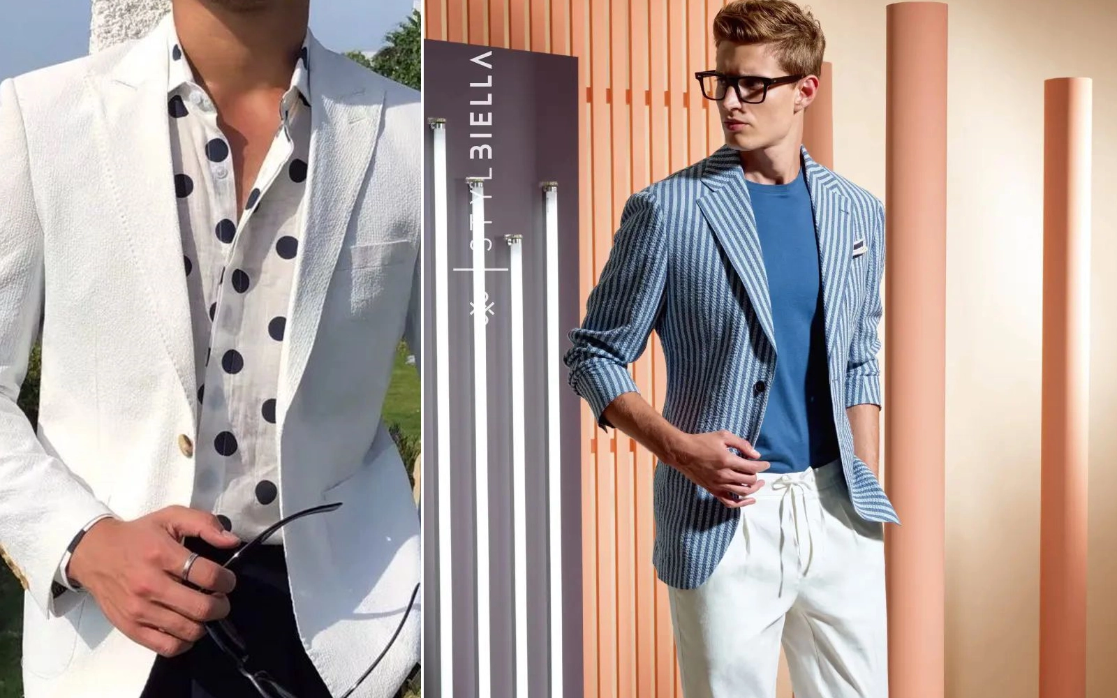 白色泡泡紗外套搭配黑色休閒西褲及藍灰條紋泡泡紗西裝外套搭白色休閒西褲