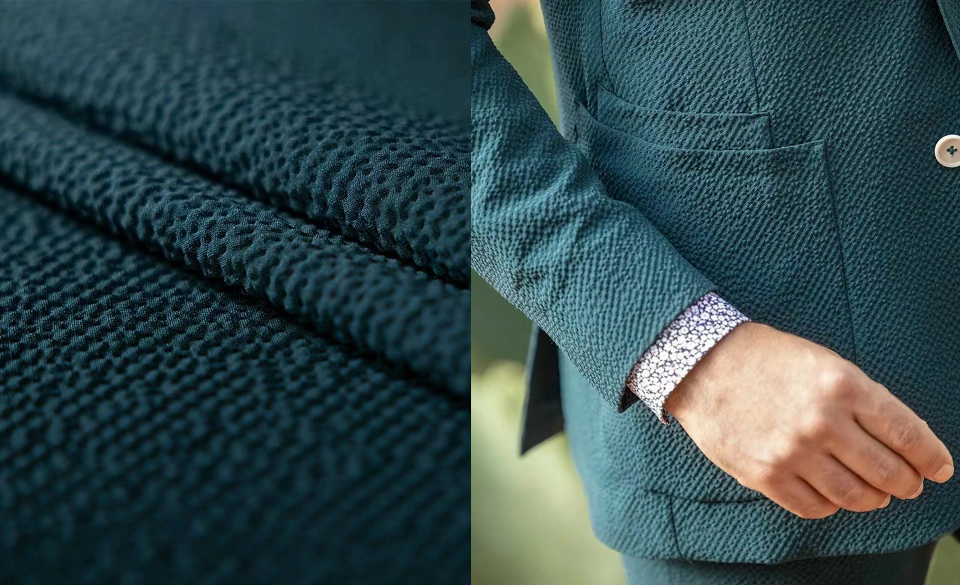 墨綠色素面泡泡紗面料及西裝外套搭配花襯衫