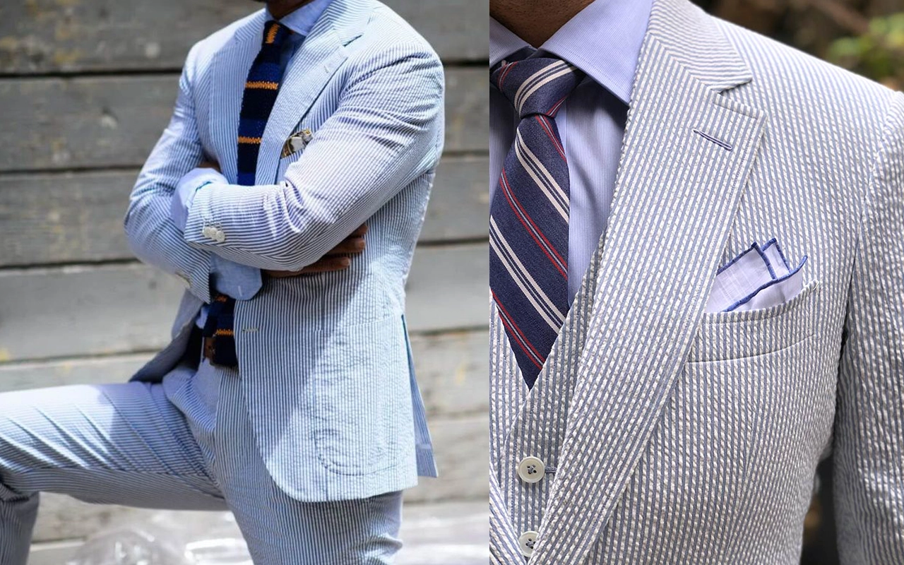 藍白色及灰色條紋泡泡紗西裝