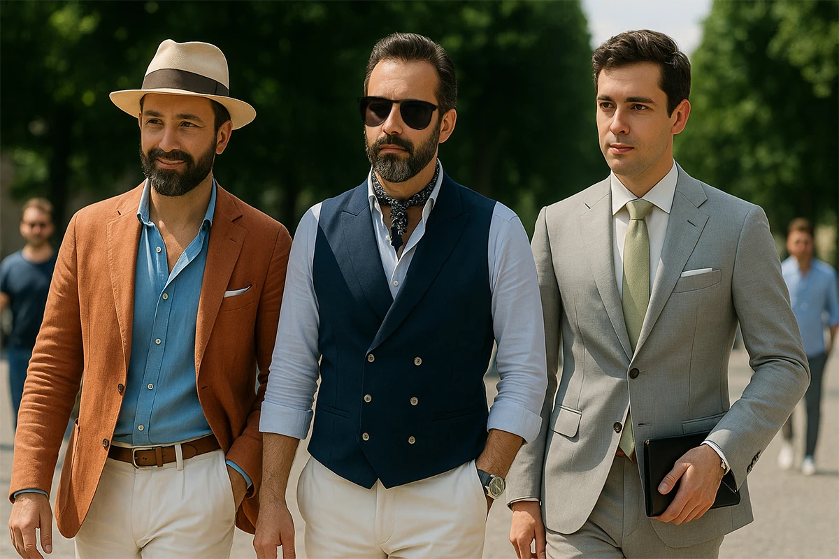 穿著休閒西裝外套、西裝背心、灰色西裝套裝的男士們