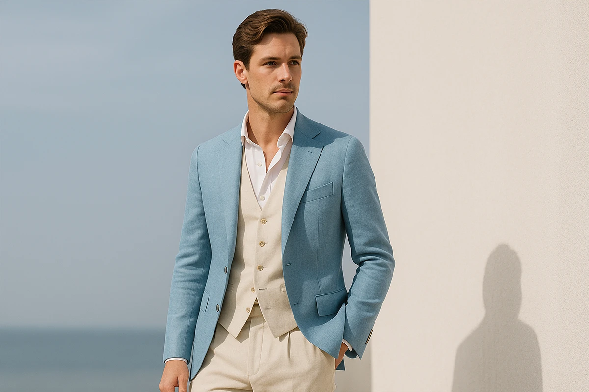 冰川藍外套搭配米色休閒褲的男士