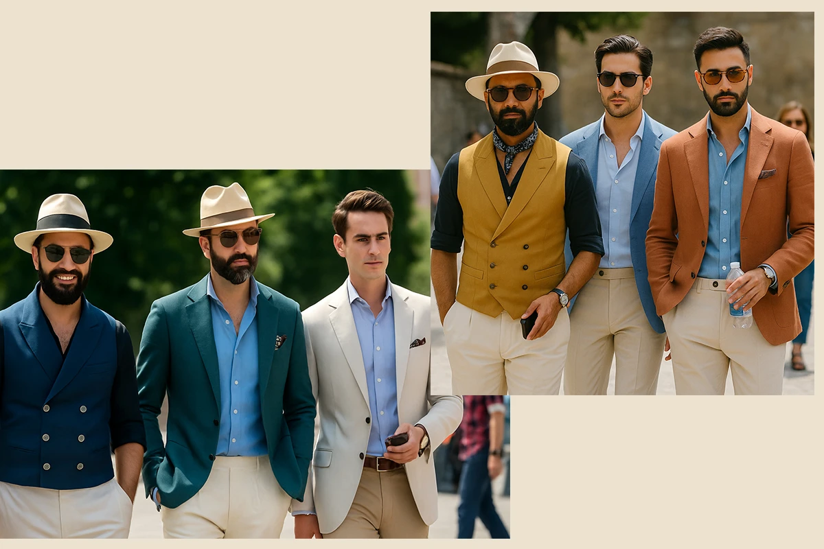 穿著不同顏色西裝的男士們