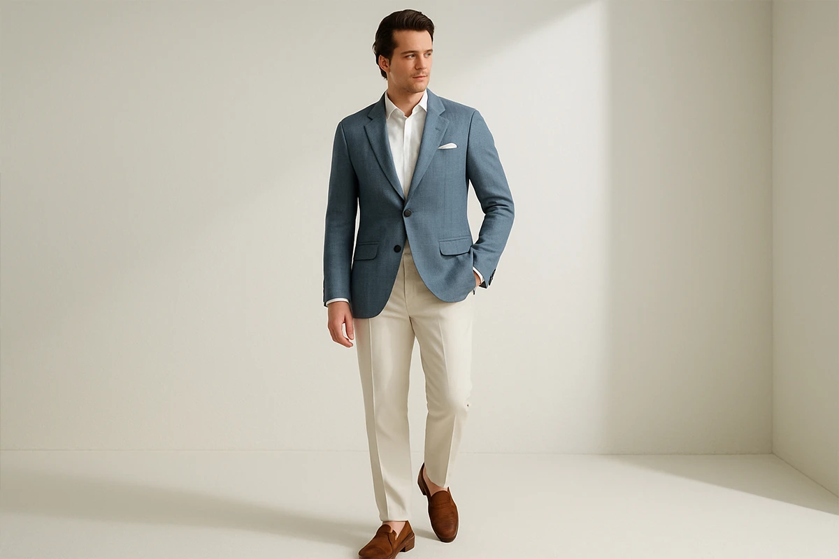 穿著灰藍西裝外與奶油白褲的男士