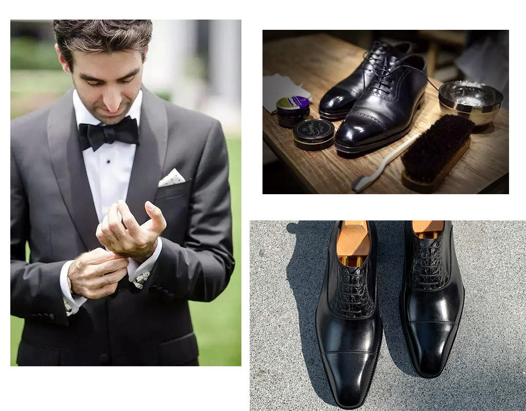新郎整理服裝儀容並換上黑色的新郎皮鞋