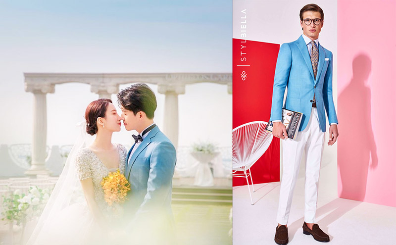 穿著天藍色西裝的新郎及著白紗的新娘