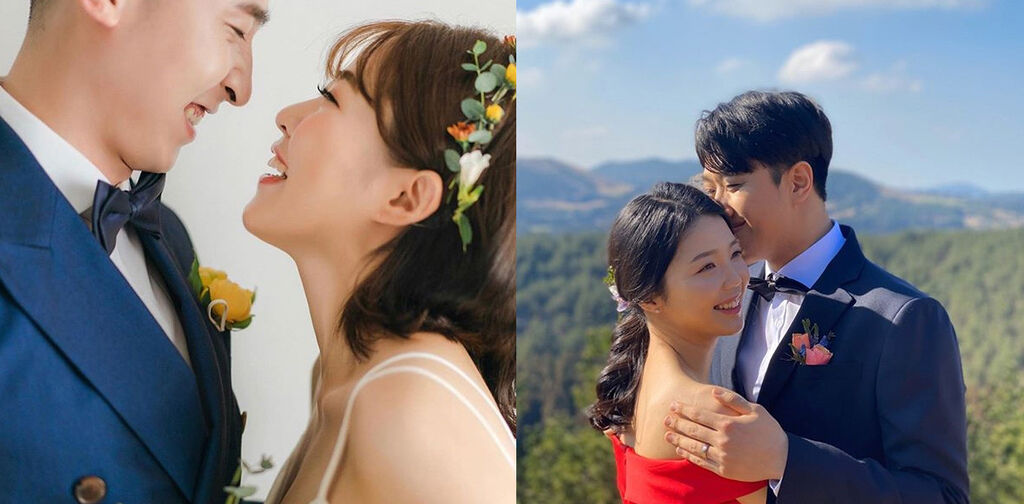 身著藍色西裝的新郎擁抱新娘