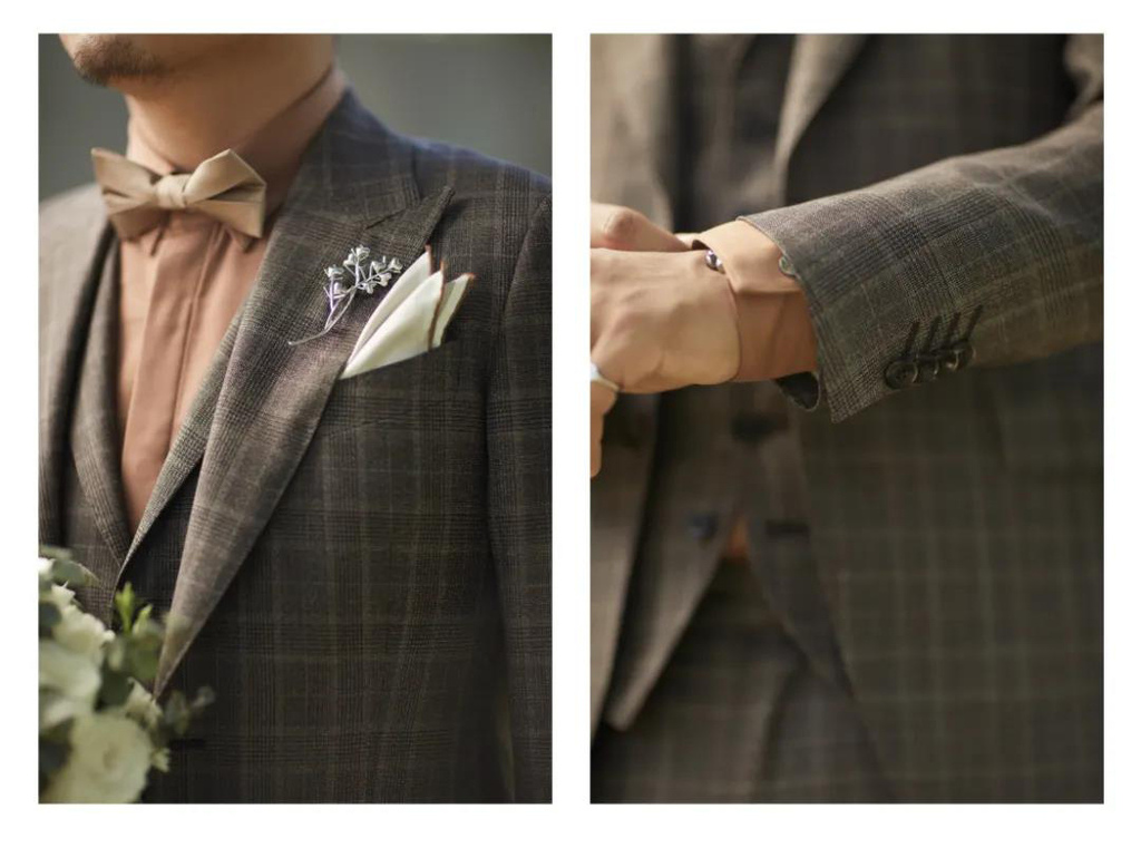 咖啡色襯衫搭配格紋西服及口袋巾