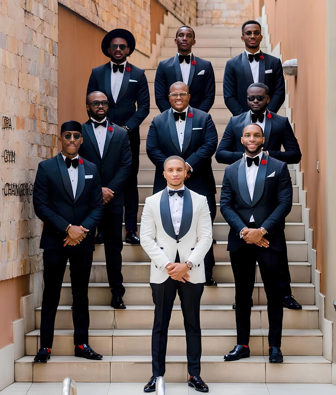 著白色結婚西服的新郎與身著黑色西服的伴郎團