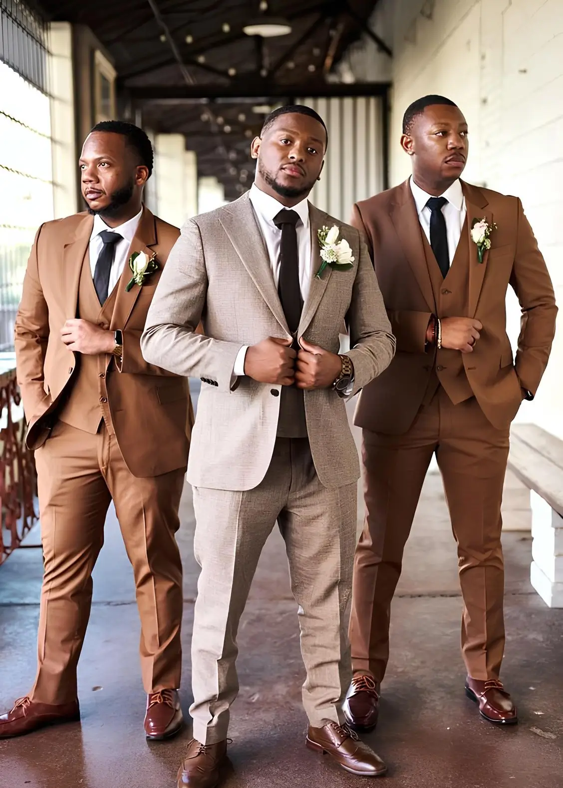 穿著淺色結婚西裝的新郎與穿著駝色西裝的伴郎