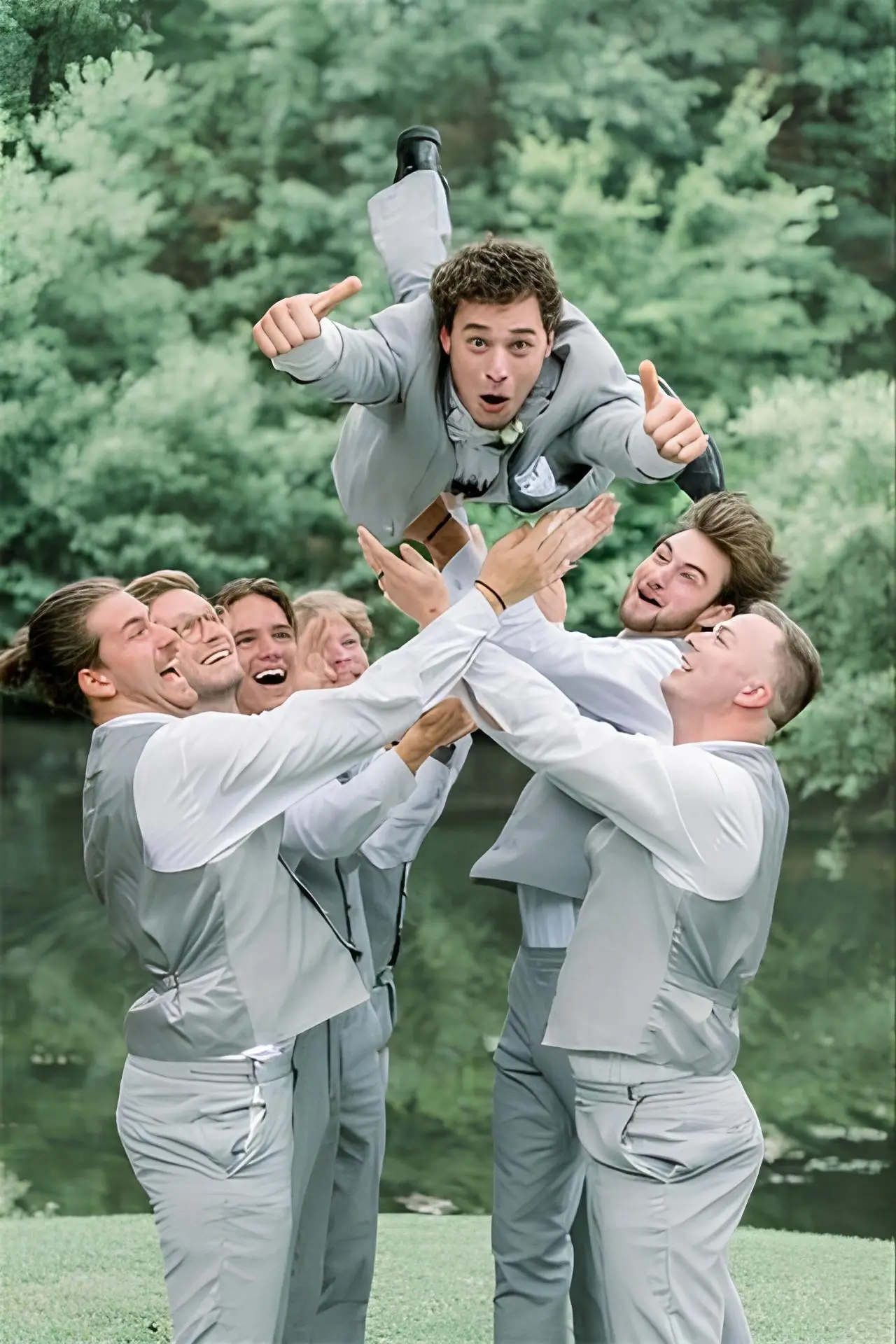 穿淺灰色結婚西服的新郎與穿著灰色背心西褲的六位伴郎們