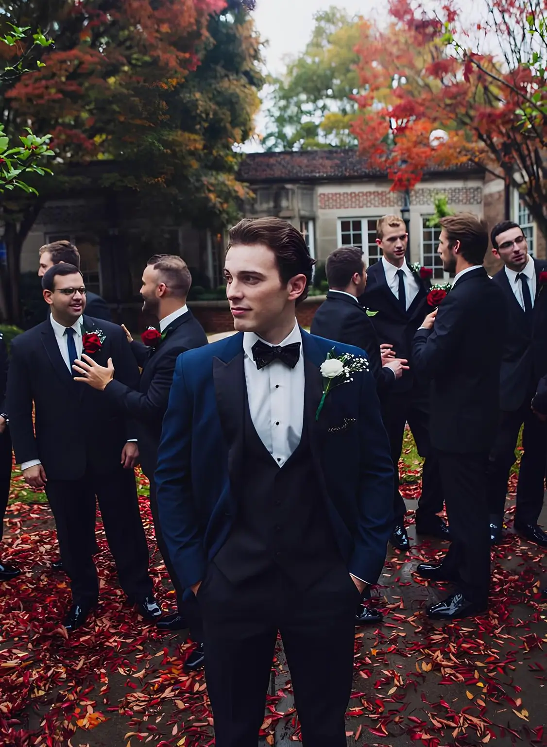 穿淺深藍色結婚西服的新郎與穿著黑色西裝的眾多伴郎們