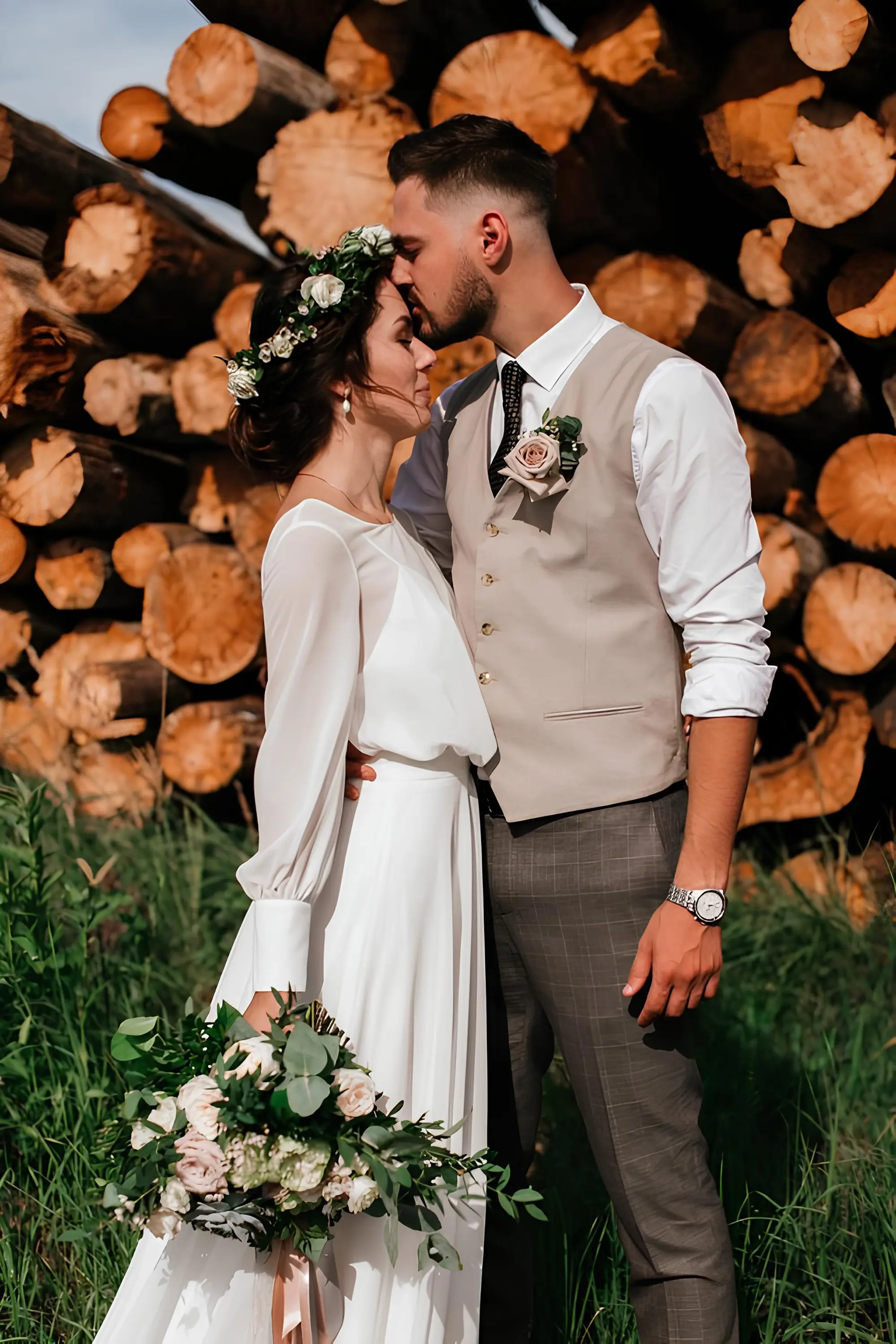 穿著米色西裝背心的新郎