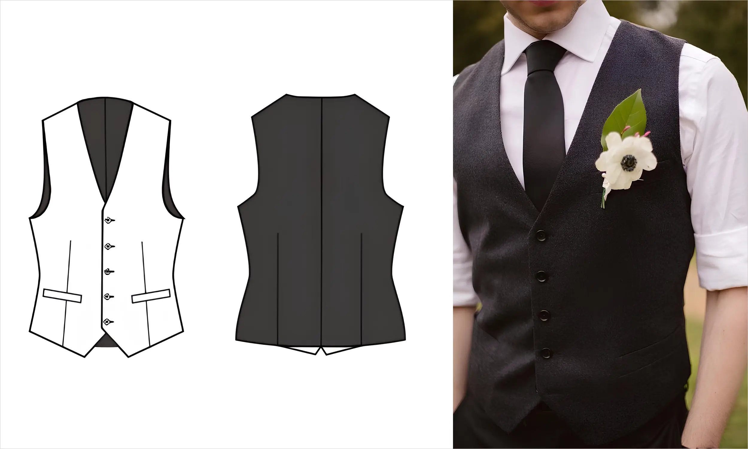 無領片單排釦V領西裝背心線稿及代表圖片