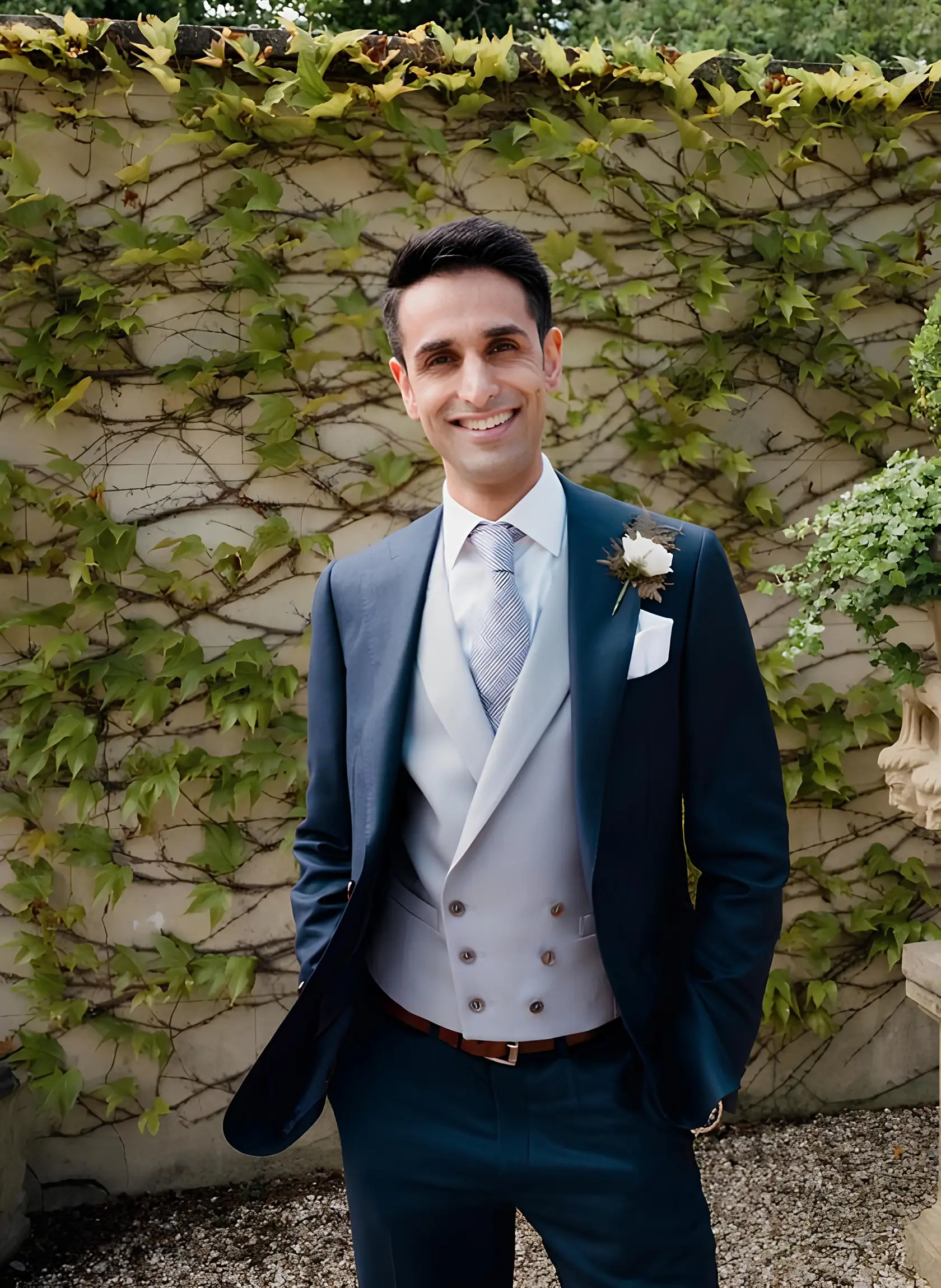 穿著藍色西裝搭配淺藍雙排釦背心的新郎