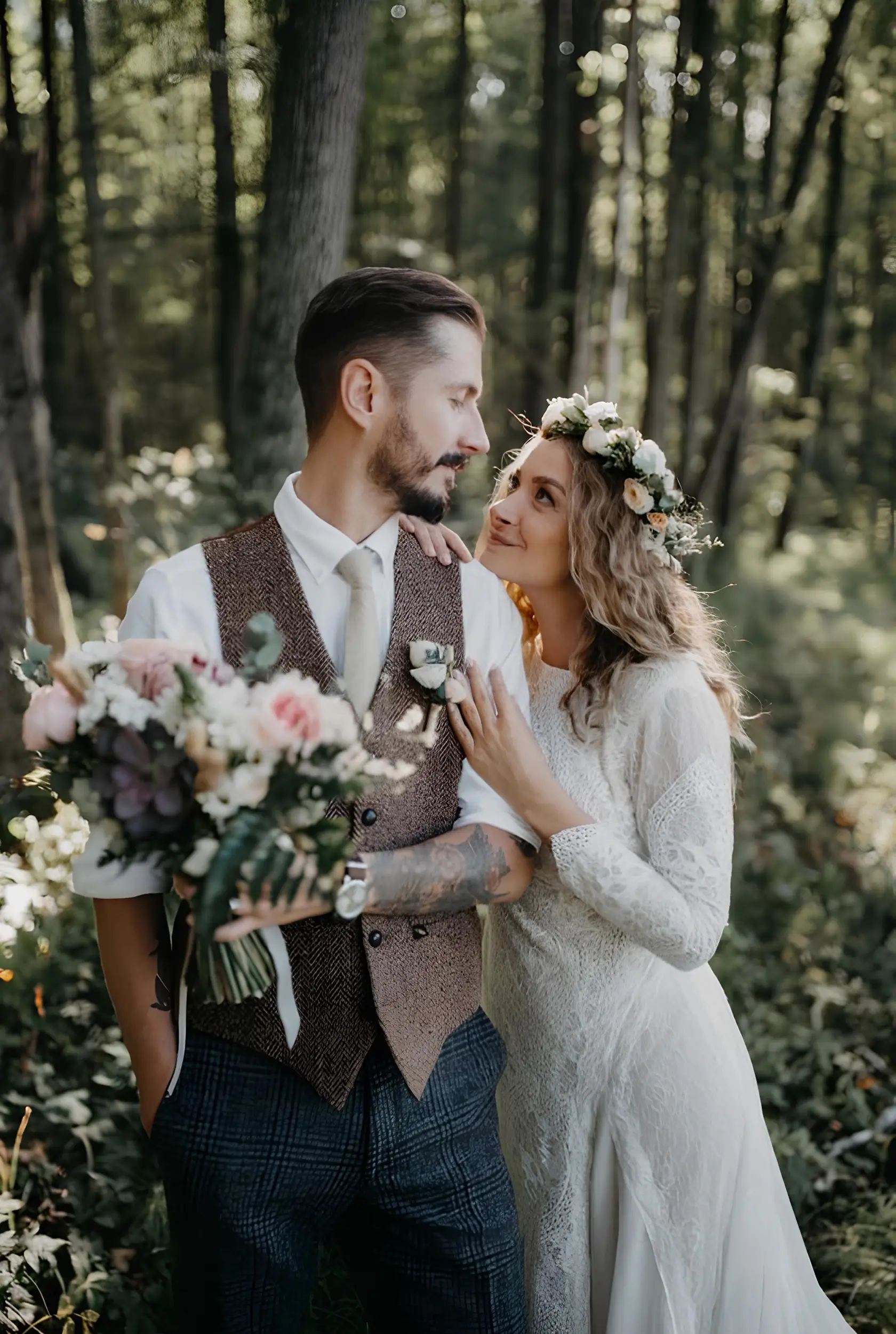 穿著淺咖啡色西裝背心的新郎