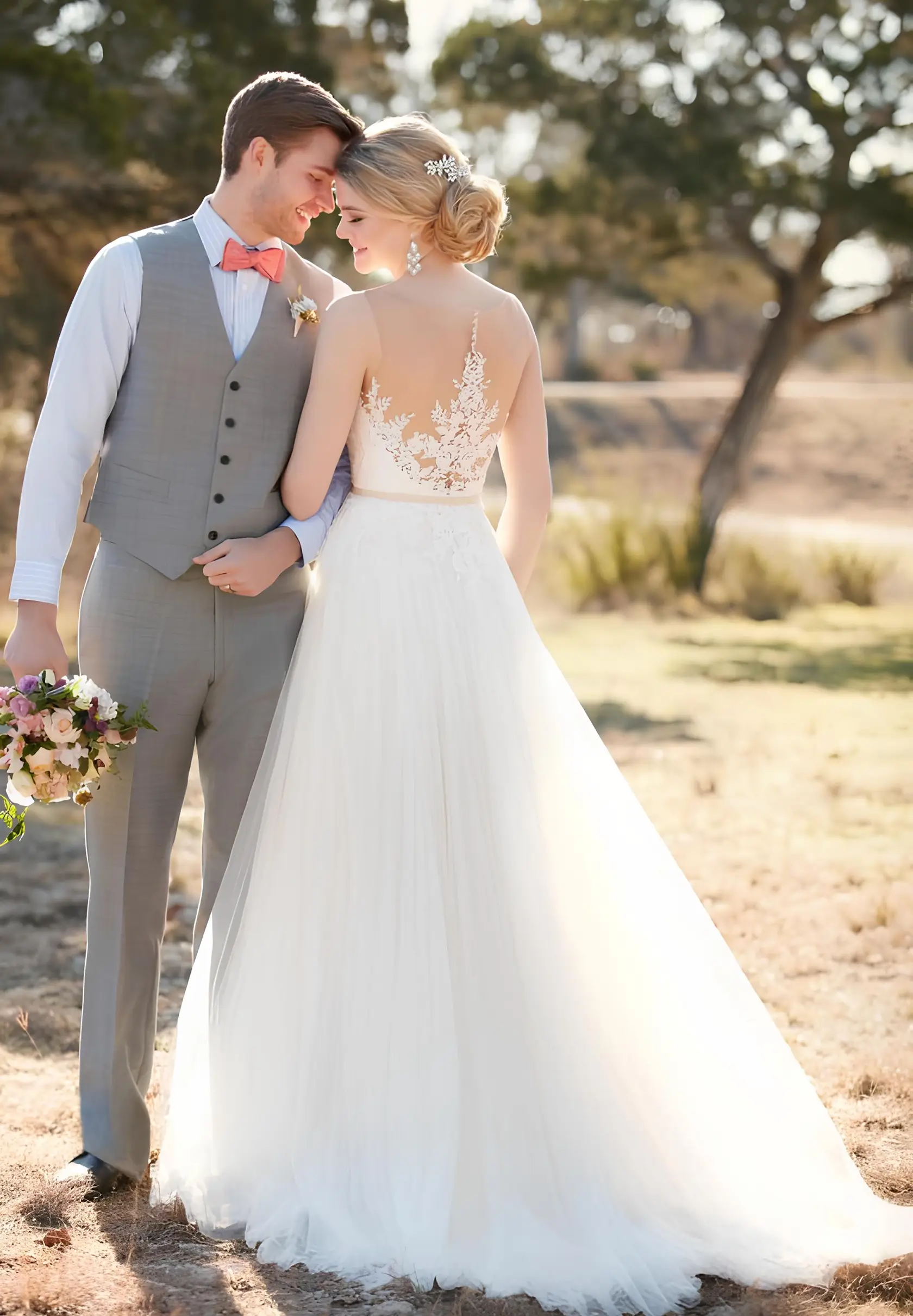 穿著米色西裝背心及西裝褲的新郎