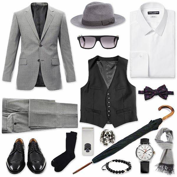 淺灰色西裝外套及西裝褲、黑色背心、白色襯衫及其他配件