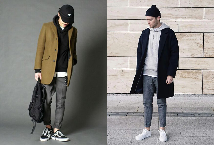 黑色帽T跟西裝大衣以及灰色帽T西裝大衣