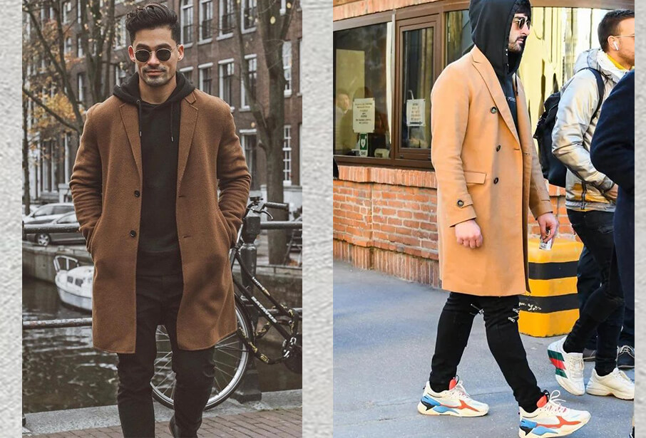 暖色調的大衣加上連帽T更有潮流感