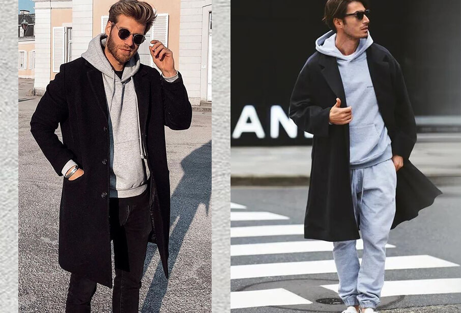 帽T加上西裝大衣的對比色可添增時尚感