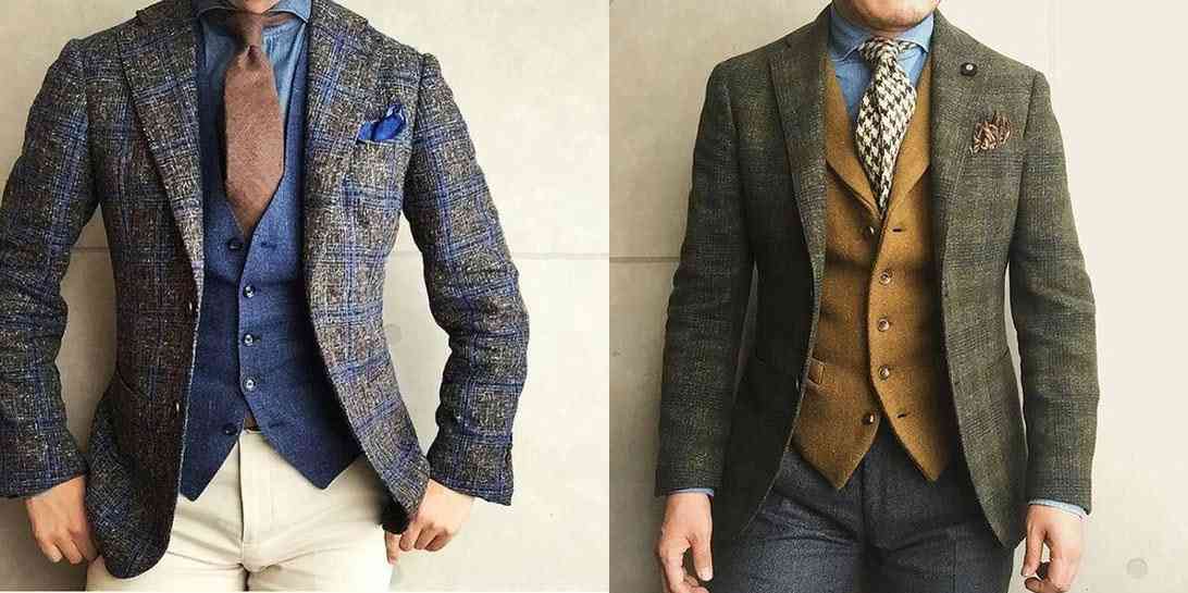 粗格呢三件式西裝背心穿搭