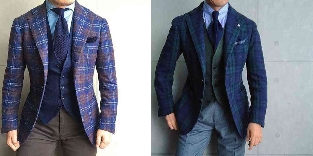 格紋西裝外搭配純色背心